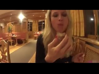 blonde eats bread with sperm and drinks wine